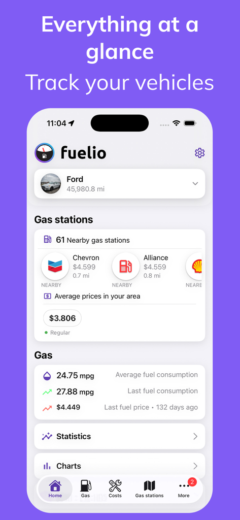 Fuelio - Gas Log & Mileage - Fuelio app dashboard showing vehicle mileage, nearby gas prices, and fuel consumption statistics.