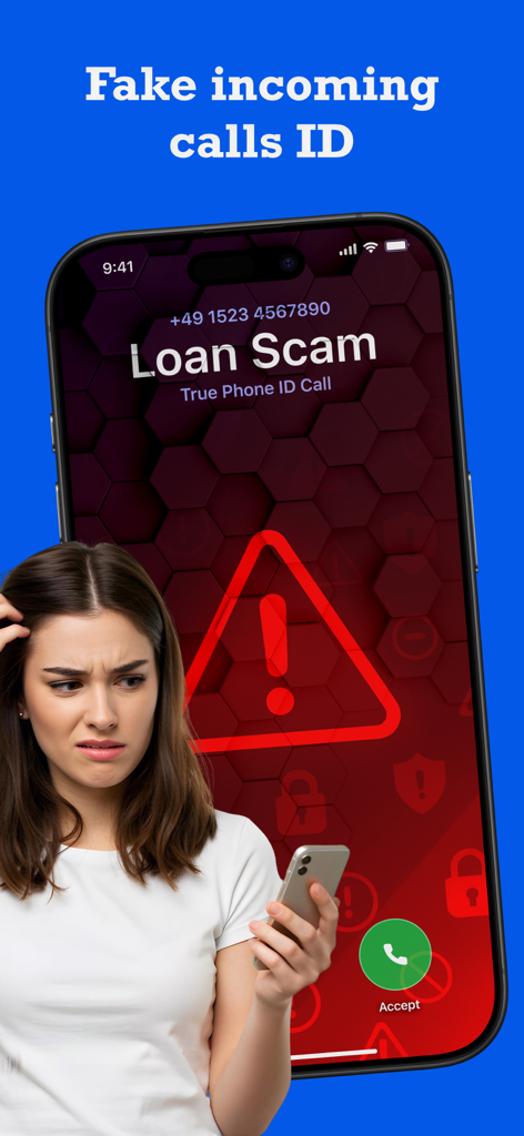 Call ID Plus - Pantalla de smartphone que muestra una alerta de estafa para una llamada de préstamo entrante con un gran símbolo de advertencia rojo y una mujer preocupada sosteniendo un teléfono.