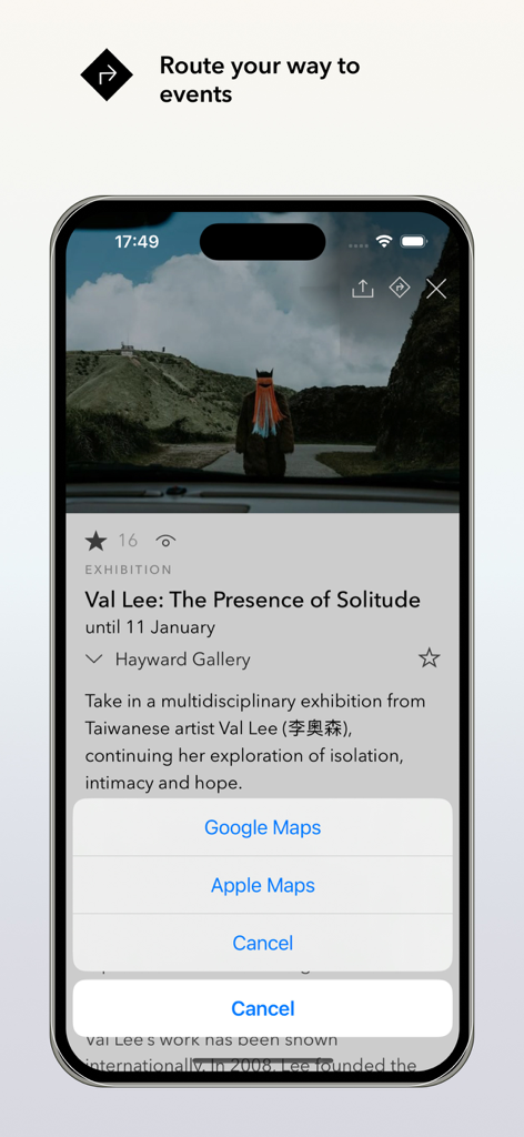 ArtRabbit - ArtRabbit mobile app screen showing a pop up menu with Google Maps and Apple Maps options to route to an exhibition