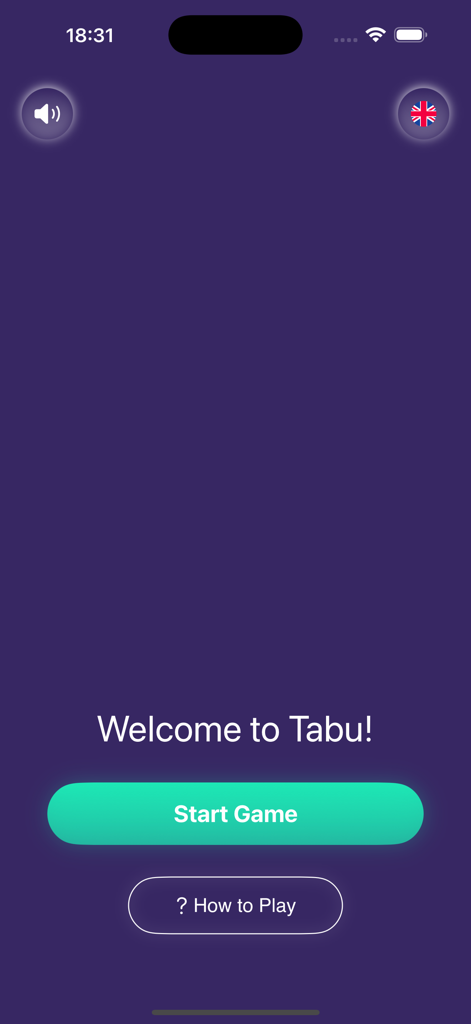 Taboo Game Offline  Many Words - Tela de boas-vindas do aplicativo móvel Jogo Tabu Offline com botões para iniciar o jogo ou ver como jogar.