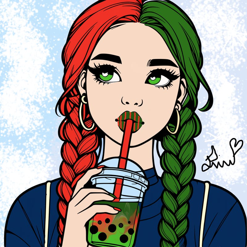 realistic girl with braided hair drinking boba