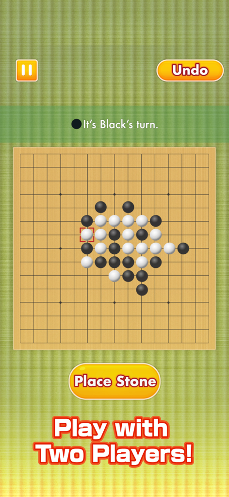 Gomoku Classic: Board Game Fun - Pantalla del juego de mesa Gomoku con piedras blancas y negras en una cuadrícula y texto que dice Jugar con dos jugadores