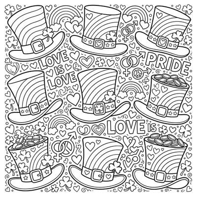 Embrace a vibrant celebration of love and luck with this unique coloring page. Featuring playful leprechaun hats adorned with rainbows, shamrocks, and symbols of Pride, it's perfect for a joyful coloring session.