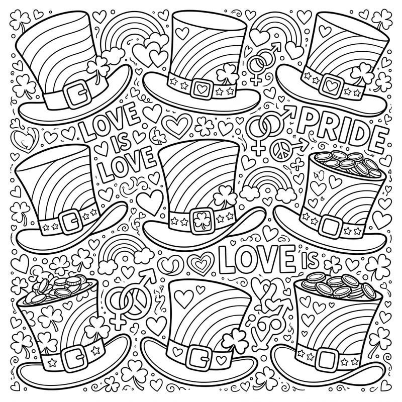 Embrace a vibrant celebration of love and luck with this unique coloring page. Featuring playful leprechaun hats adorned with rainbows, shamrocks, and symbols of Pride, it's perfect for a joyful coloring session.