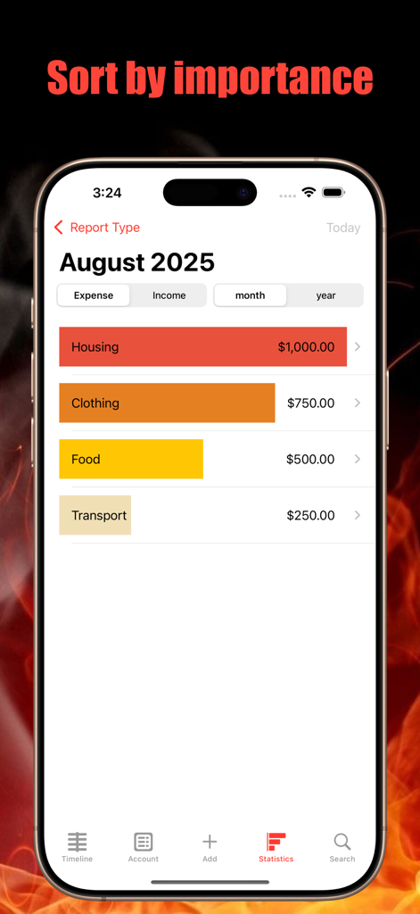 Buckmemo - Buckmemo statistics screen showing a monthly expense breakdown by category with colored bar charts.