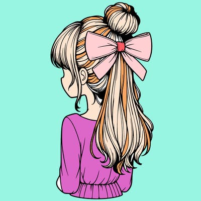 realistic girl  with hip length hair a bun and a big bow on the back of head