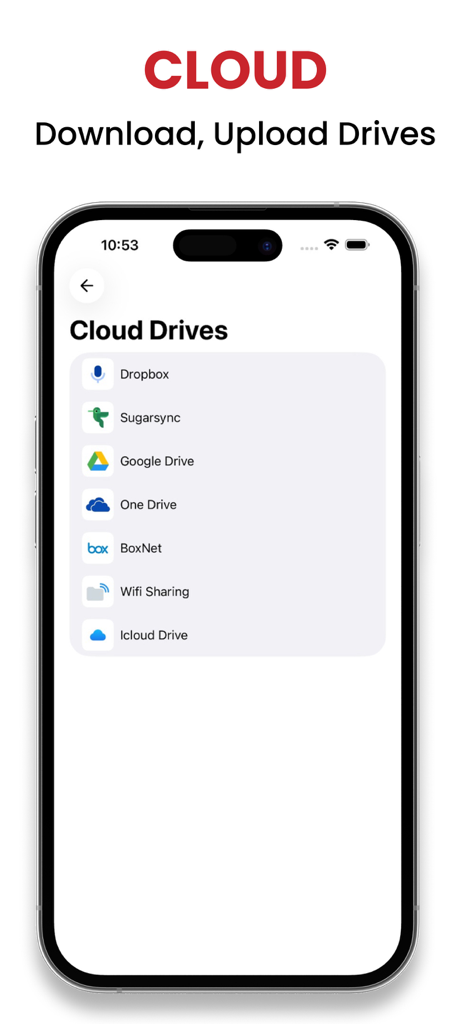 Interfaz de la aplicación Recorder Plus que muestra una lista de servicios de almacenamiento en la nube compatibles para grabaciones de voz