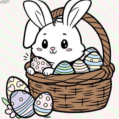 bunny in basket with easter eggs