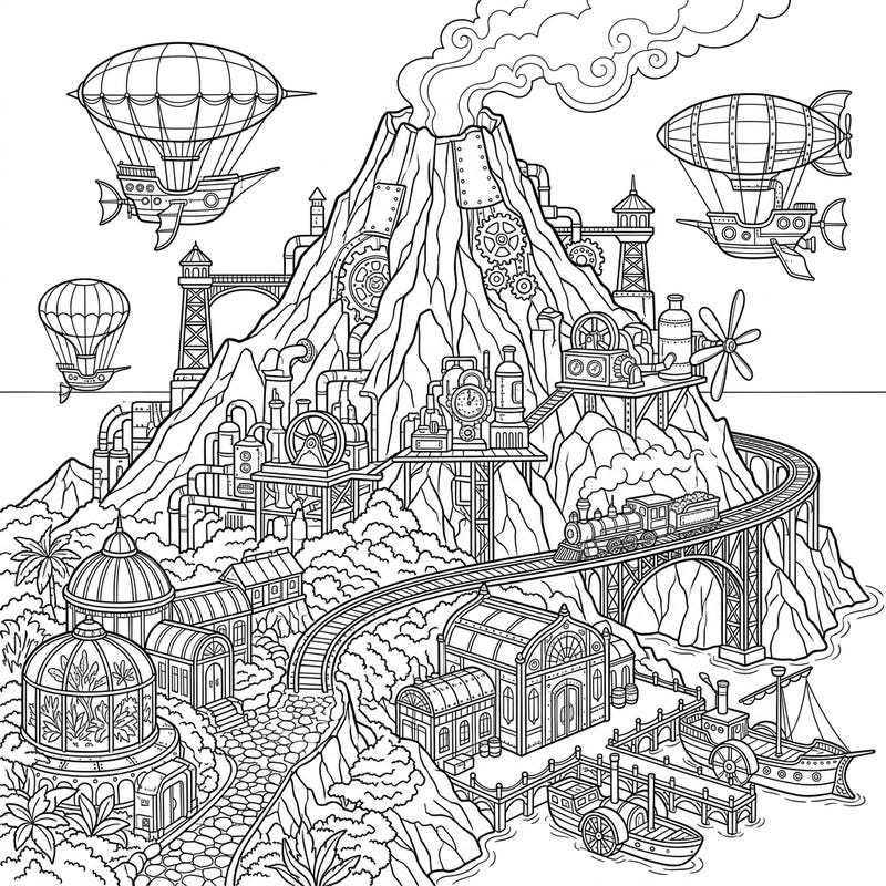 Ignite your imagination with this extraordinary coloring page, where the raw power of a volcanic island fuses with the intricate wonders of steampunk engineering. Explore a world of gears, airships, and industrial marvels waiting for your artistic touch.