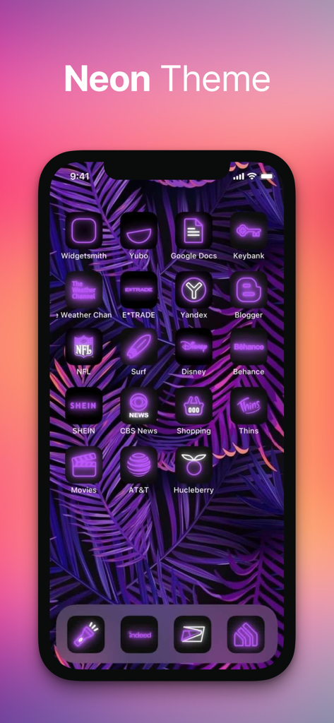 App Icons Customizer - Themes - Pantalla de inicio de iPhone con iconos de aplicaciones de neón púrpura y fondo de pantalla tropical.