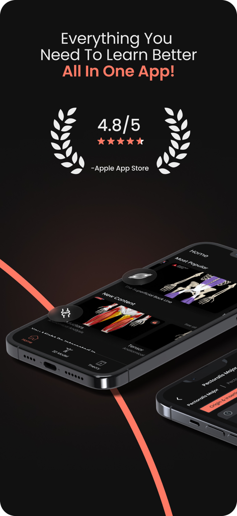 3D筋肉モデルを特徴とし、Apple App Storeで4.8の評価を得ているAnatomy by M&Mアプリのインターフェース