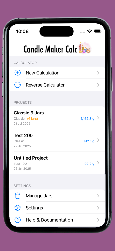 Home screen of The Candle Maker Calculator app featuring calculation tools and saved candle projects