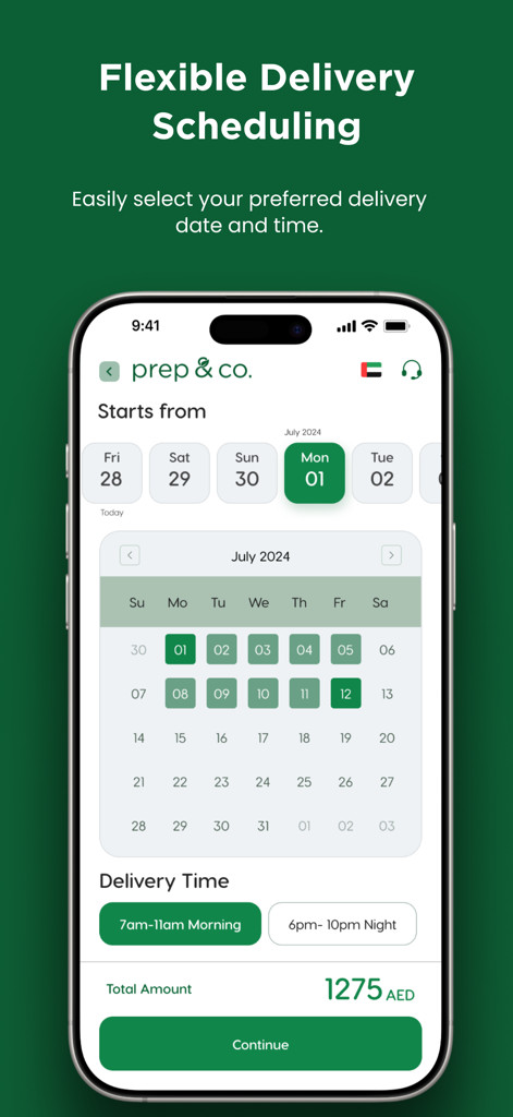 Prep & Co - Prep and Co mobile app interface for flexible meal delivery scheduling featuring a calendar and time slot selection