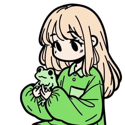 girl with long hair and a oversized shirt. and she is holding a frog