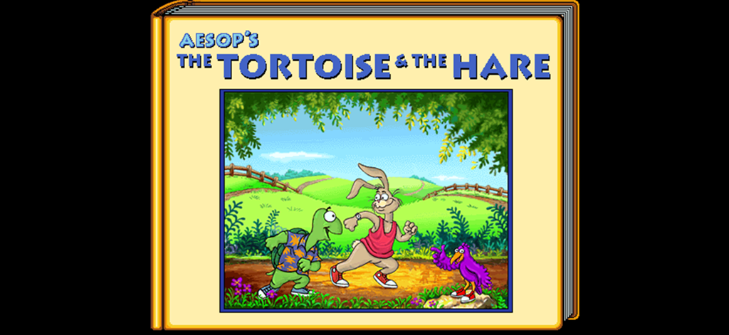 Cover des interaktiven Bilderbuch-Apps Aesops Der Hase und der Igel mit Cartoon-Figuren