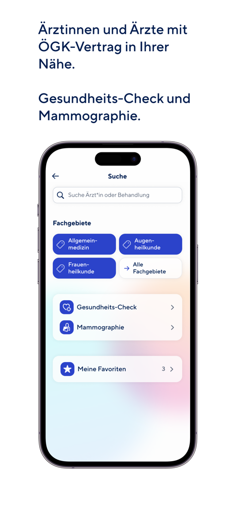 Suchbildschirm der Meine ÖGK App zum Finden von Ärzten und Gesundheitsuntersuchungsdiensten.