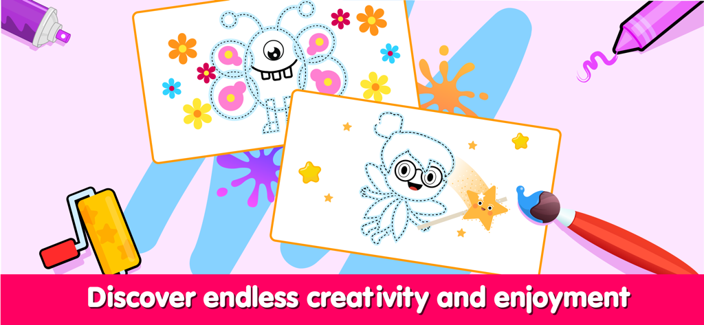 Preschool coloring app showing interactive cards with monsters and fairies alongside digital art tools like brushes and paint rollers