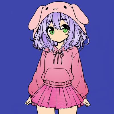 pretty anime girl wearing a fluffy hoodie with bunny ears on the hood and a skirt