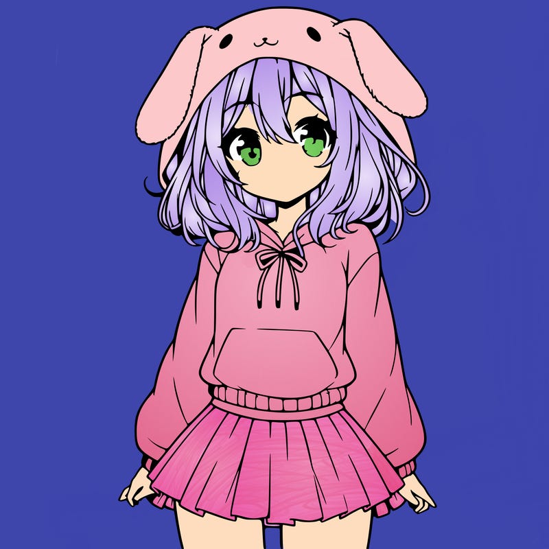 pretty anime girl wearing a fluffy hoodie with bunny ears on the hood and a skirt