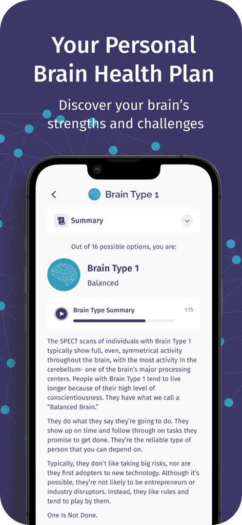 A mobile screen from Brain Fit Life app showing the details of a Balanced Brain Type 1 assessment