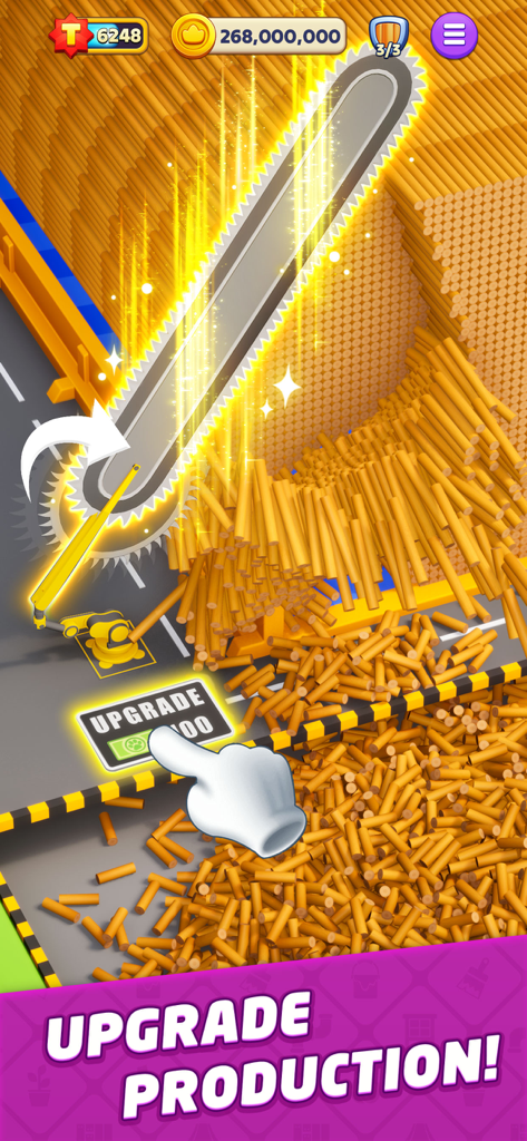 A giant glowing chainsaw cutting through a massive pile of logs with an upgrade button in Top Tycoon.