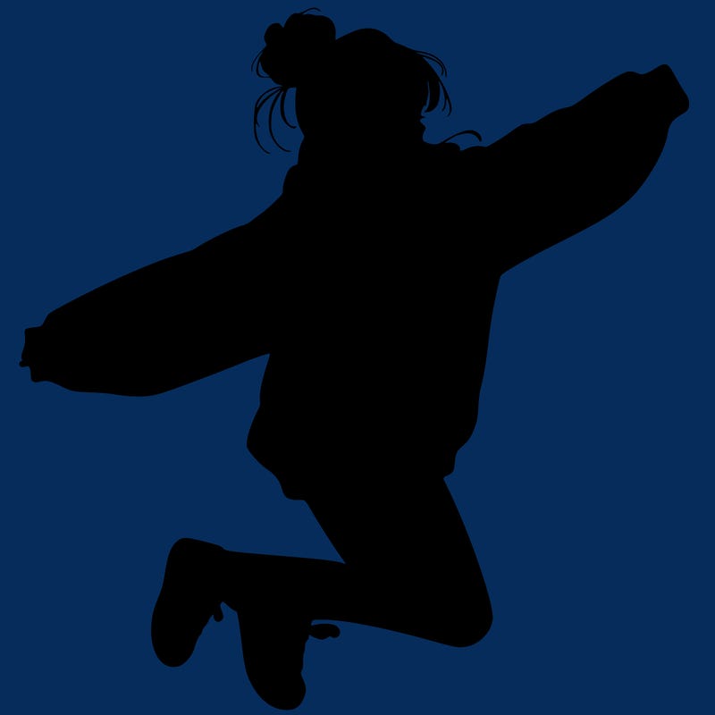 realistic girl jumping with a bun and oversized sweatshirt