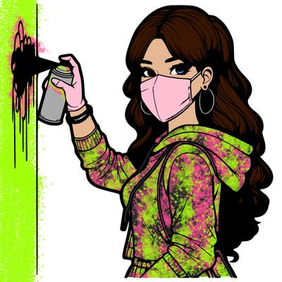realistic girl with mask spray painting a wall