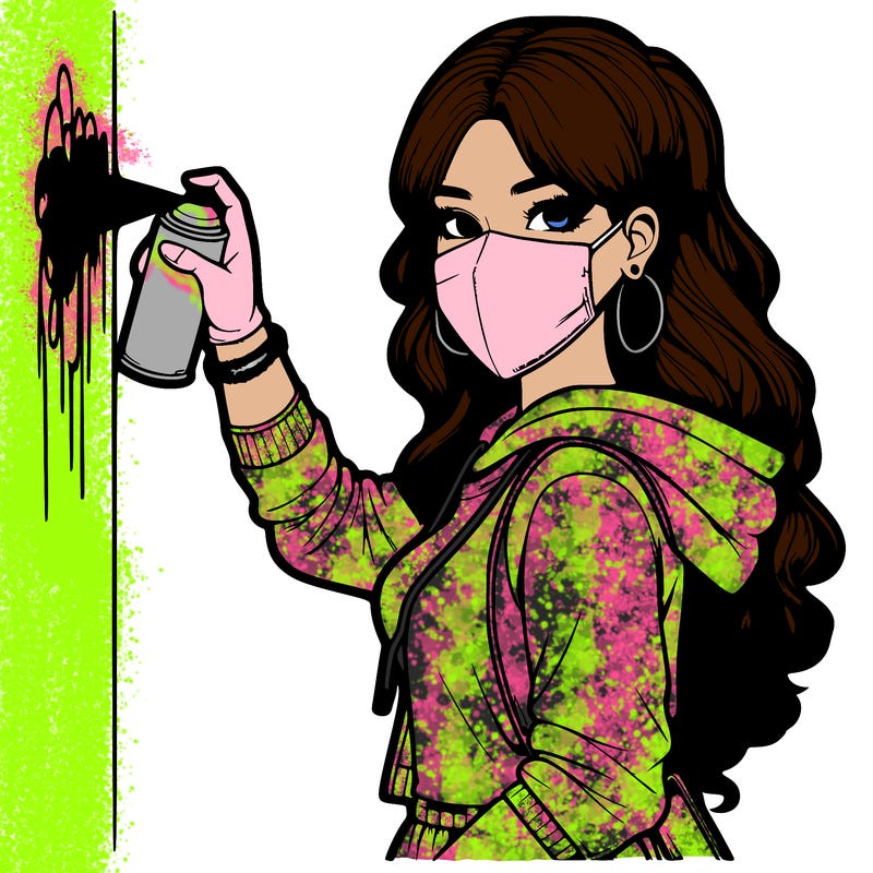 realistic girl with mask spray painting a wall