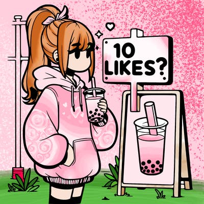 girl with oversized hoodie drinking boba and she has a high ponytail with a sign that says 10likes?