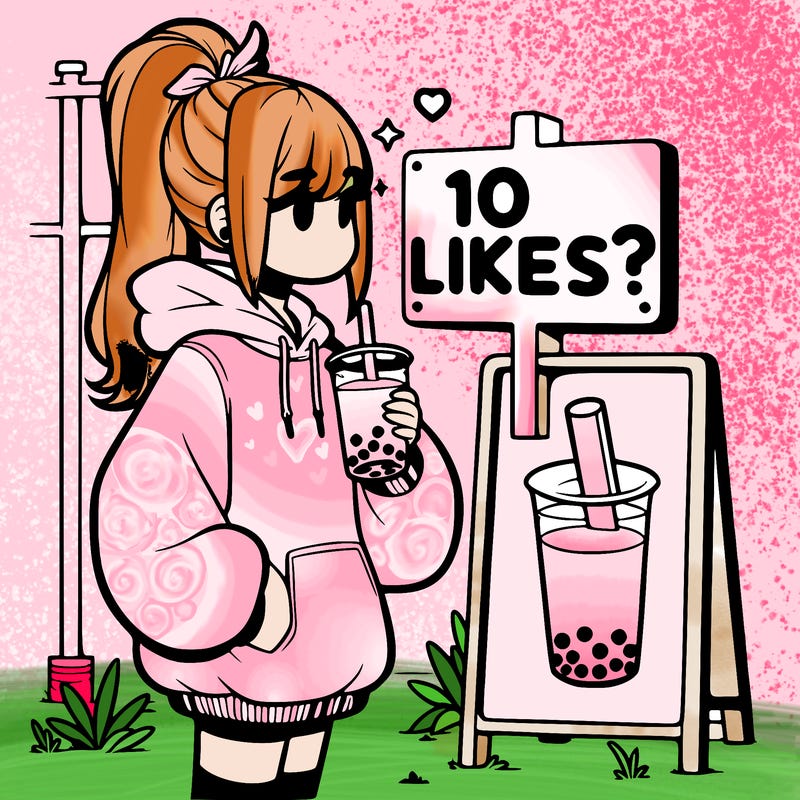 girl with oversized hoodie drinking boba and she has a high ponytail with a sign that says 10likes?