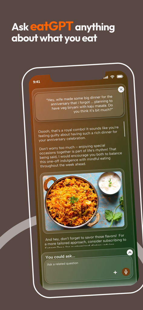 Tweak & eat with eatGPT - 채팅 인터페이스를 통해 개인 맞춤형 영양 조언을 제공하는 eatGPT를 보여주는 스마트폰 화면.