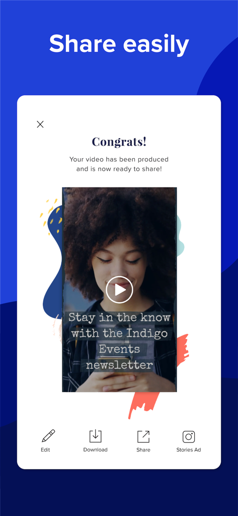 Animoto: Video Maker & Editor - Animotoアプリのインターフェース。共有、ダウンロード、または編集の準備ができた完成した動画プロジェクトが表示されています。