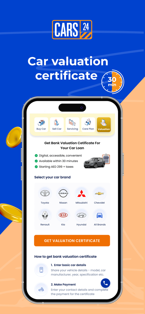CARS24 UAE app screen showing the car valuation certificate service with car brand selection