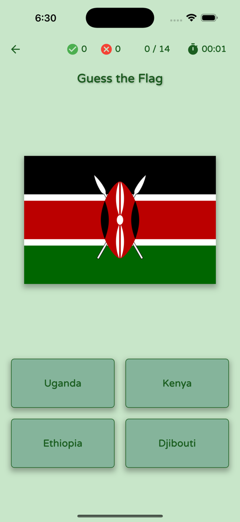 Uno screenshot dell'app Quiz sull'Africa che mostra una domanda Indovina la Bandiera con la bandiera del Kenya e opzioni a scelta multipla
