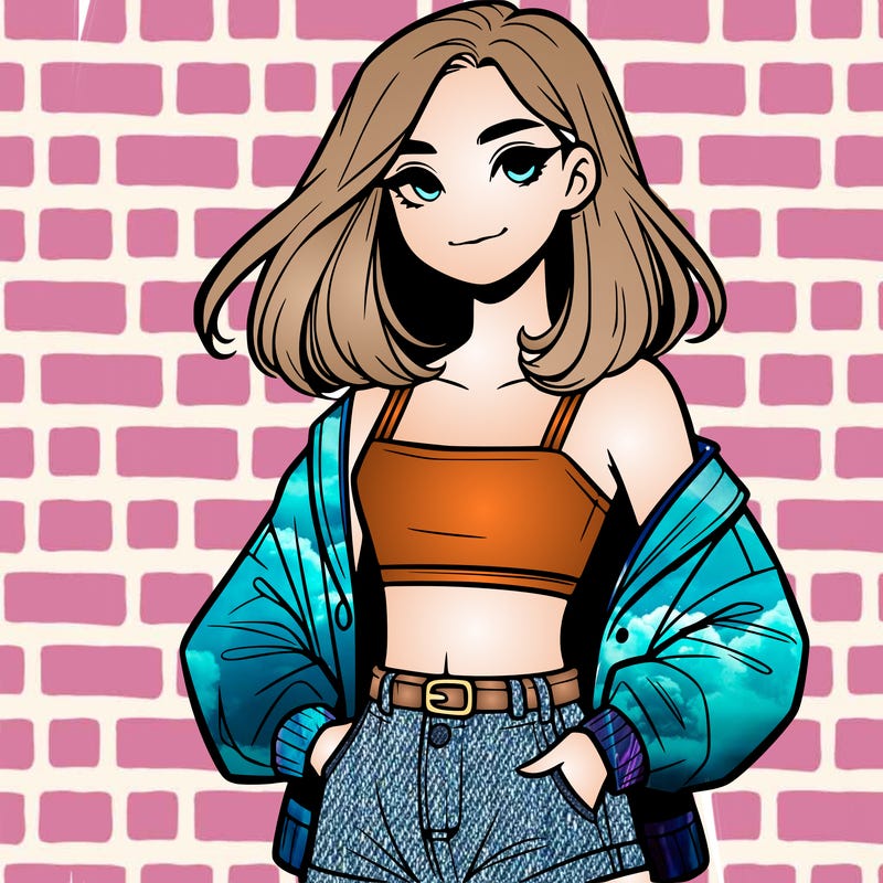 a realistic girl with a crop top and short shorts in an open jacket