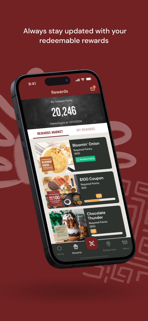 Outback Steakhouse Hong Kong app rewards screen showing membership points and redeemable food items