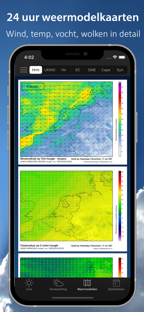 Mapas detalhados do modelo meteorológico para vento e temperatura na Holanda