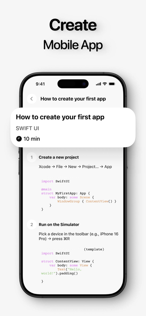 Rork Vibecode Guide - A step-by-step guide in the Rork Vibecode Guide app showing how to create a mobile app using SwiftUI code.