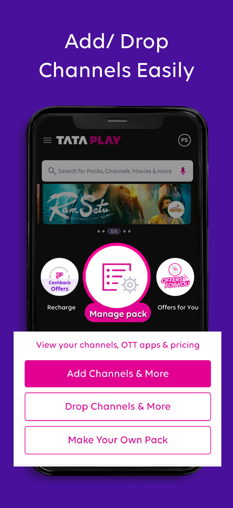 Tata Play - Live TV & DTH Pack - Tata Play 앱 DTH 팩 관리 인터페이스, 채널 추가 또는 삭제 옵션 및 맞춤 팩 생성 기능 포함