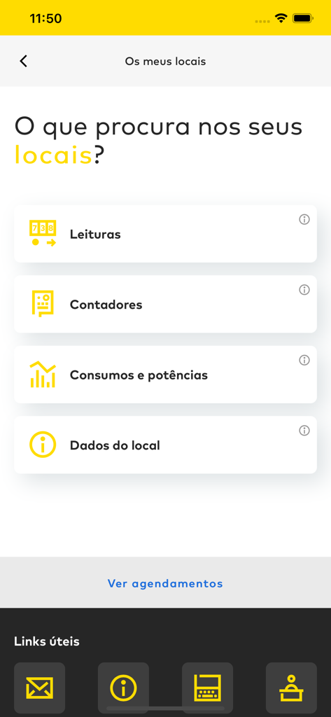 E-REDES Digital - E-REDES Digital app interface showing the My Locations menu with options for meter readings and consumption data in Portuguese.