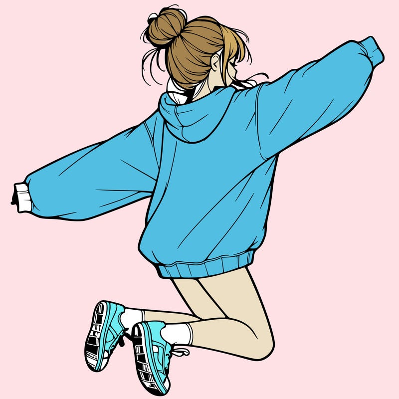 realistic girl jumping with a bun and oversized sweatshirt