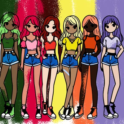 a group of girls wearing crop tops and shorts