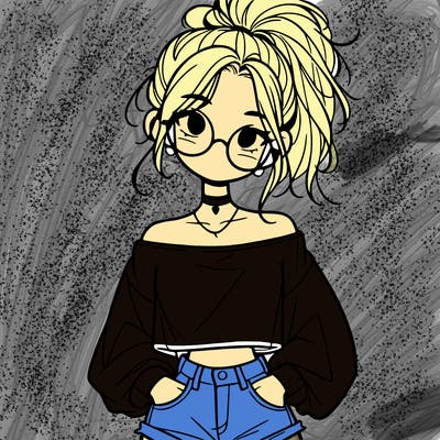 girl with a messy ponytail glasses a baggy crop top and jean shorts