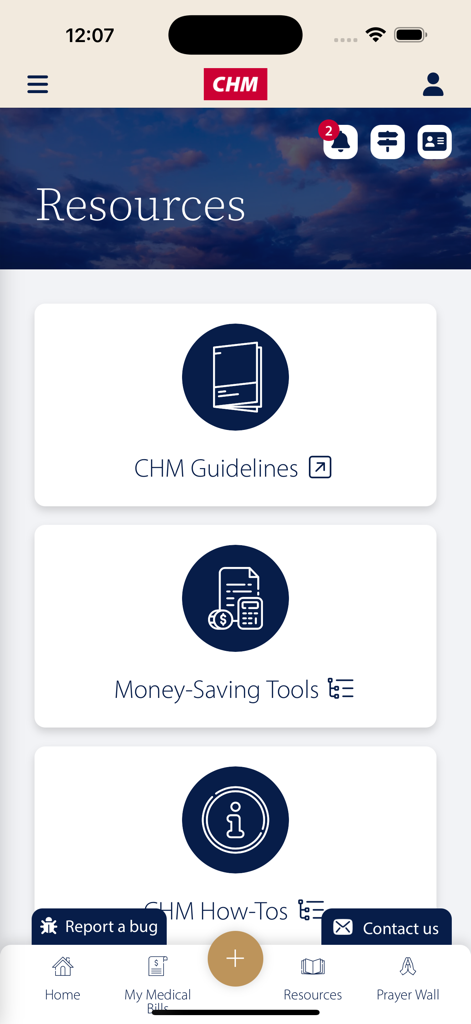 CHM Member Portal - 가이드라인 및 비용 절감 도구에 대한 링크가 포함된 CHM 회원 포털의 리소스 화면