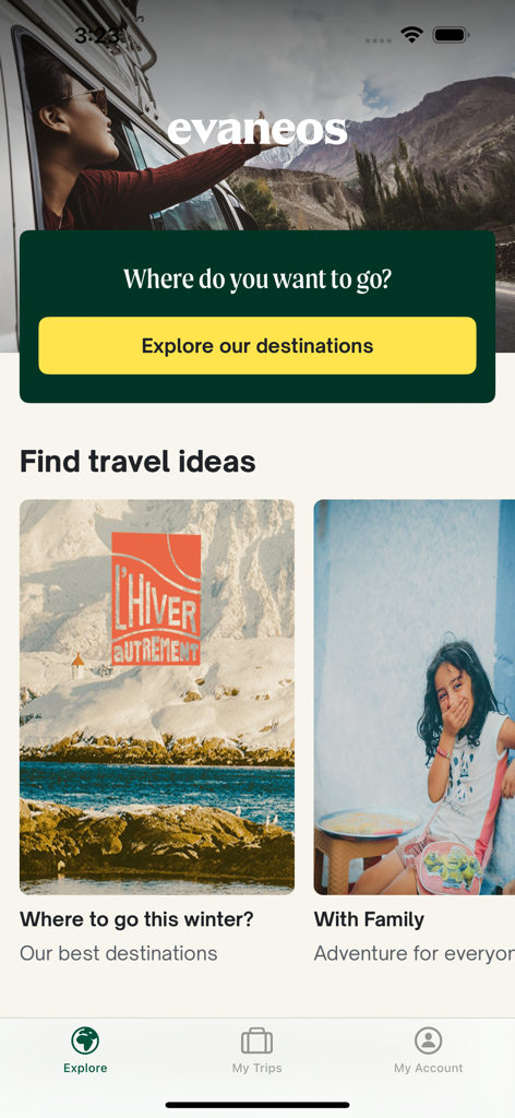 Evaneos app home screen featuring personalized travel ideas and destination search