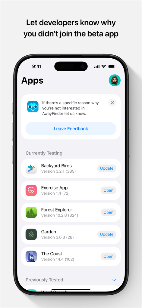 Interface de l'application TestFlight affichant une liste d'applications bêta et une invite de demande de commentaires