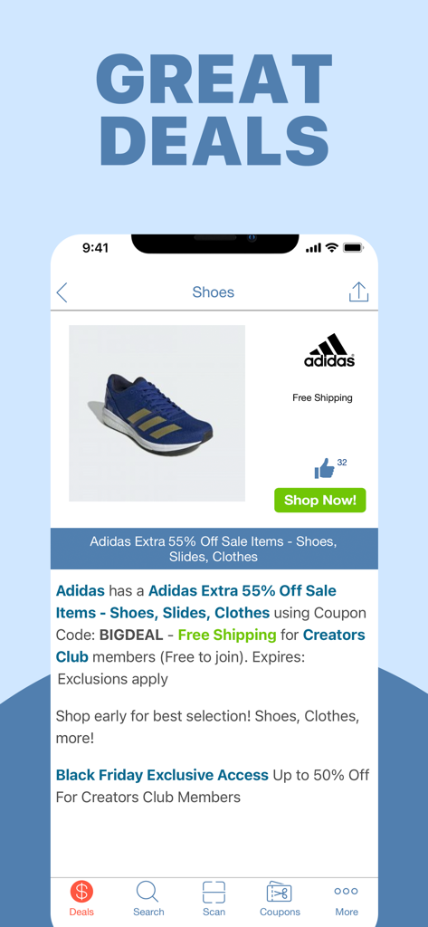 BuyVia Price Comparison - A screenshot of the BuyVia app showing a 55 percent discount on Adidas shoes with a coupon code