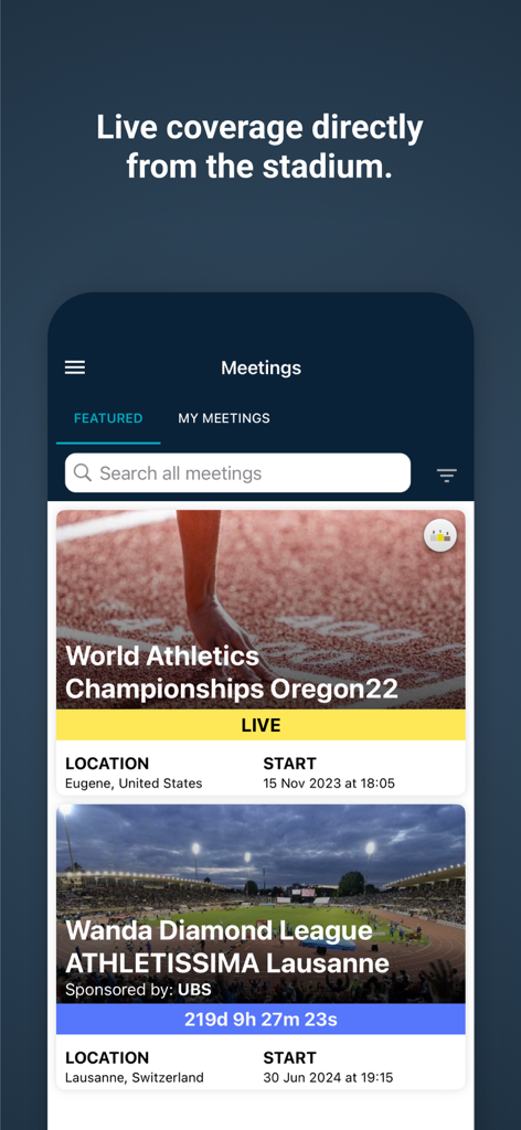 Interfaccia dell'app mobile per Roster Athletics che mostra un elenco di gare di atletica leggera in evidenza con copertura in diretta