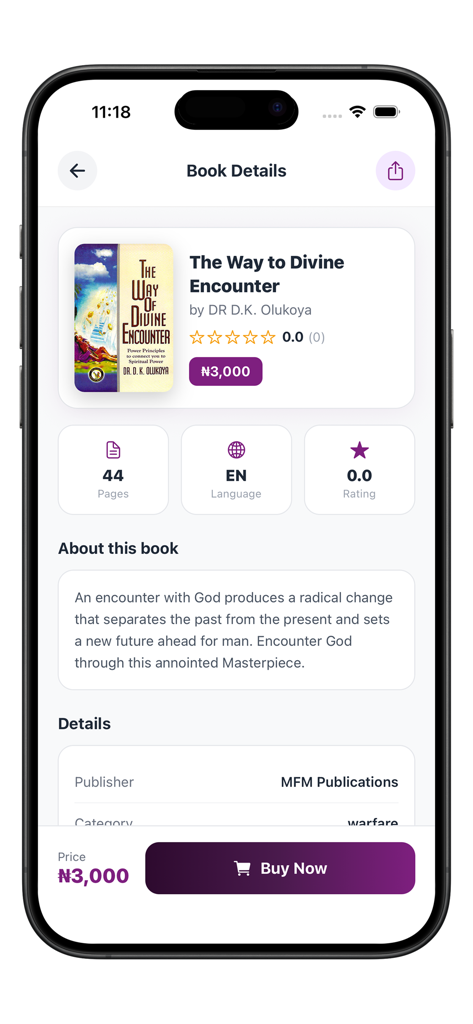 Detailed view of the ebook The Way to Divine Encounter by Dr. D.K. Olukoya on the MFM eBooks app showing price and description.
