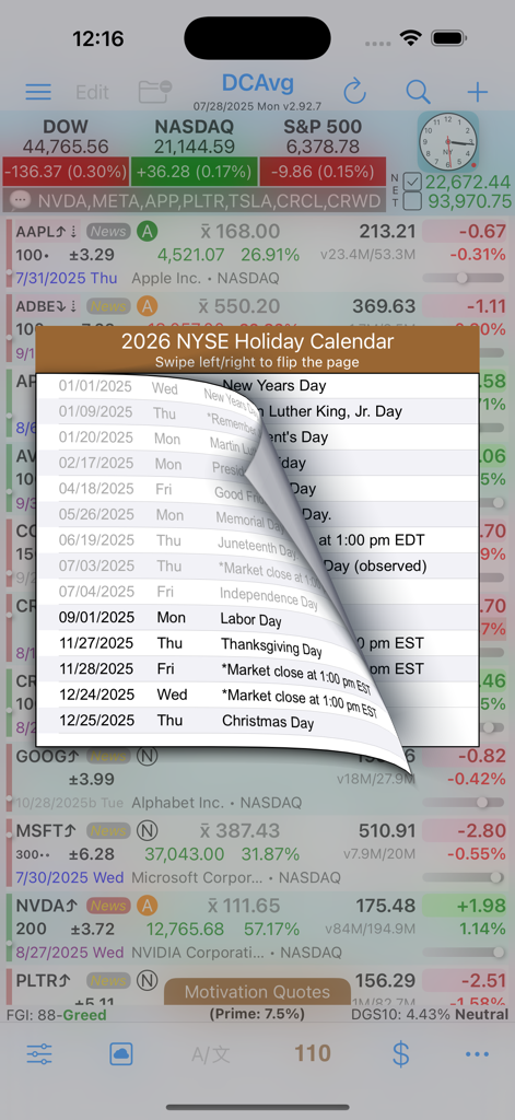 DCAvg - DCAvg app displaying the 2026 NYSE stock market holiday schedule over a stock watchlist